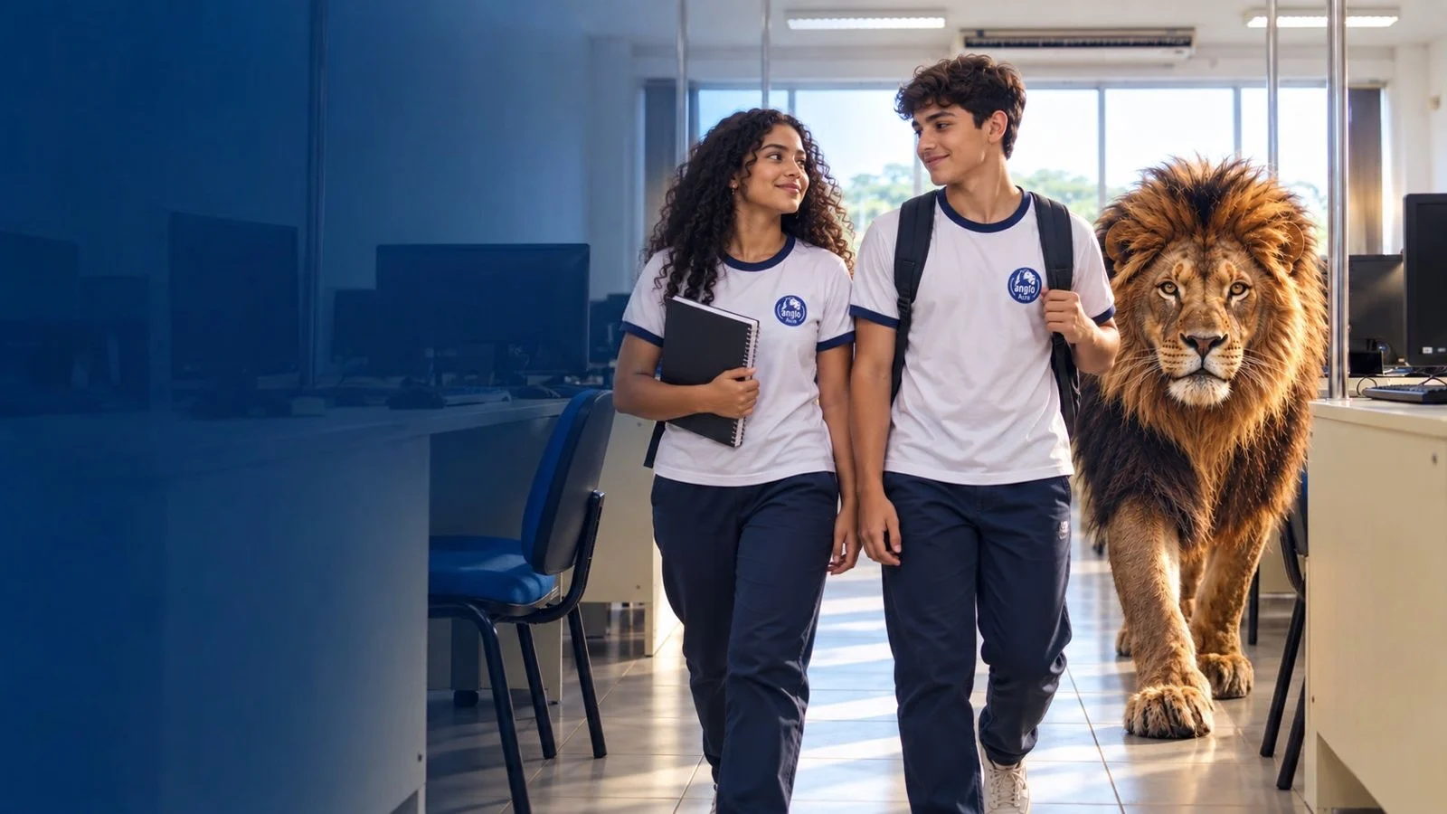 Campanha Matrículas 2027: dois estudantes do Ensino Médio caminham pela escola acompanhados pelo leão