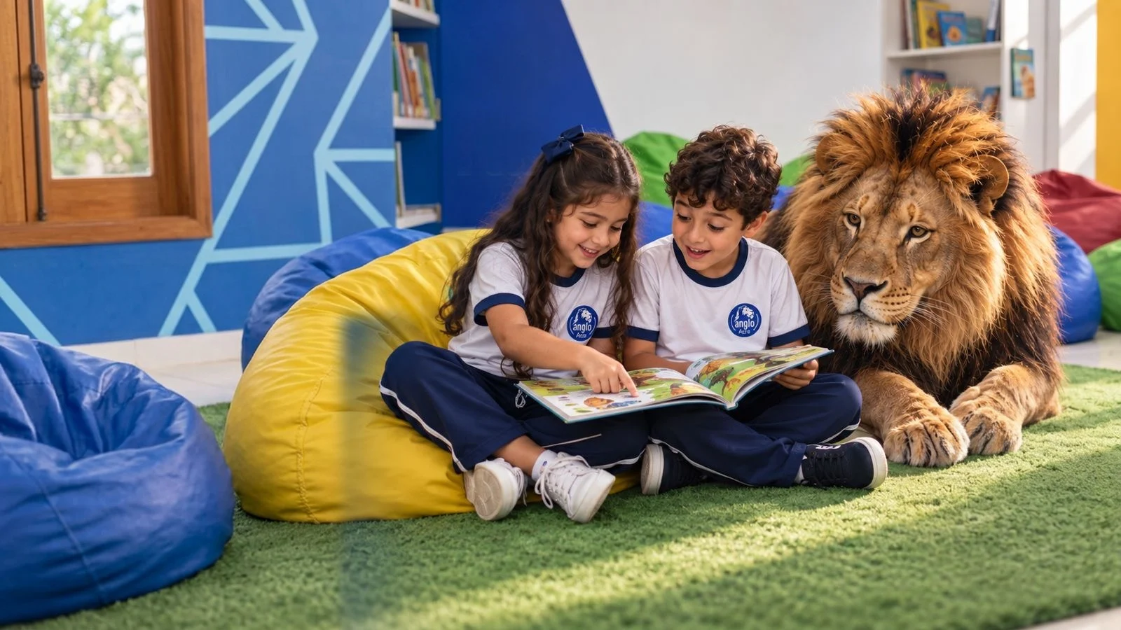 Campanha Matrículas 2027: duas crianças do Ensino Fundamental leem um livro ao lado do leão