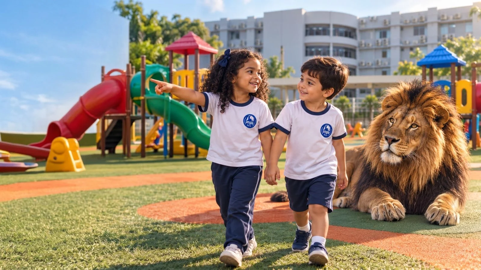 Campanha Matrículas 2027: crianças da Educação Infantil caminham de mãos dadas ao lado do leão